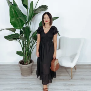 Sukienka maxi falbanki na rękawach czarna TAMARI