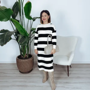 Sukienka długa dzianinowa w paski beżowo-czarne FAYDE